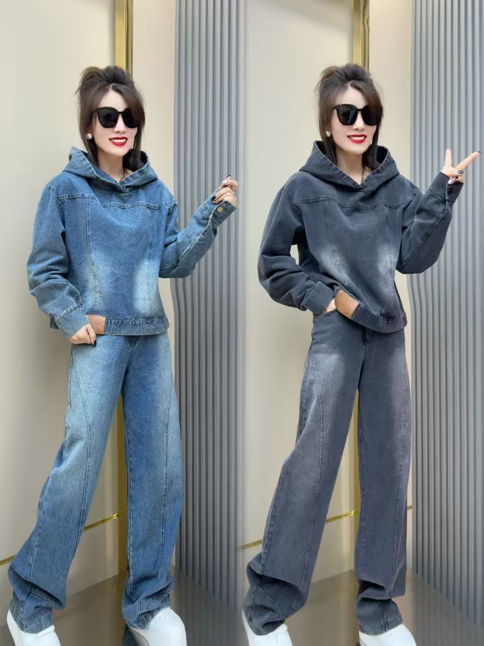 休闲时尚牛仔连帽两件套