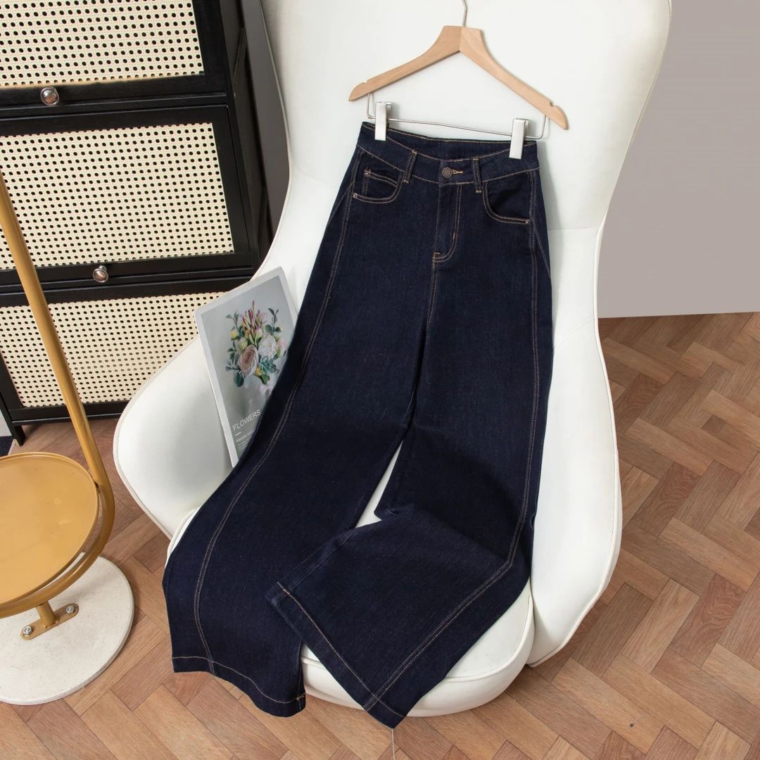 秋季新款丹宁蓝时尚气质显瘦阔腿牛仔裤女窄版显高腰设计感阔腿裤