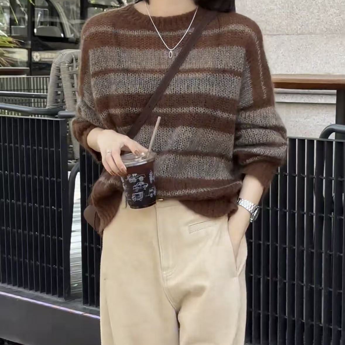 秋装韩系百搭撞色长袖上衣高腰显瘦阔腿裤女装