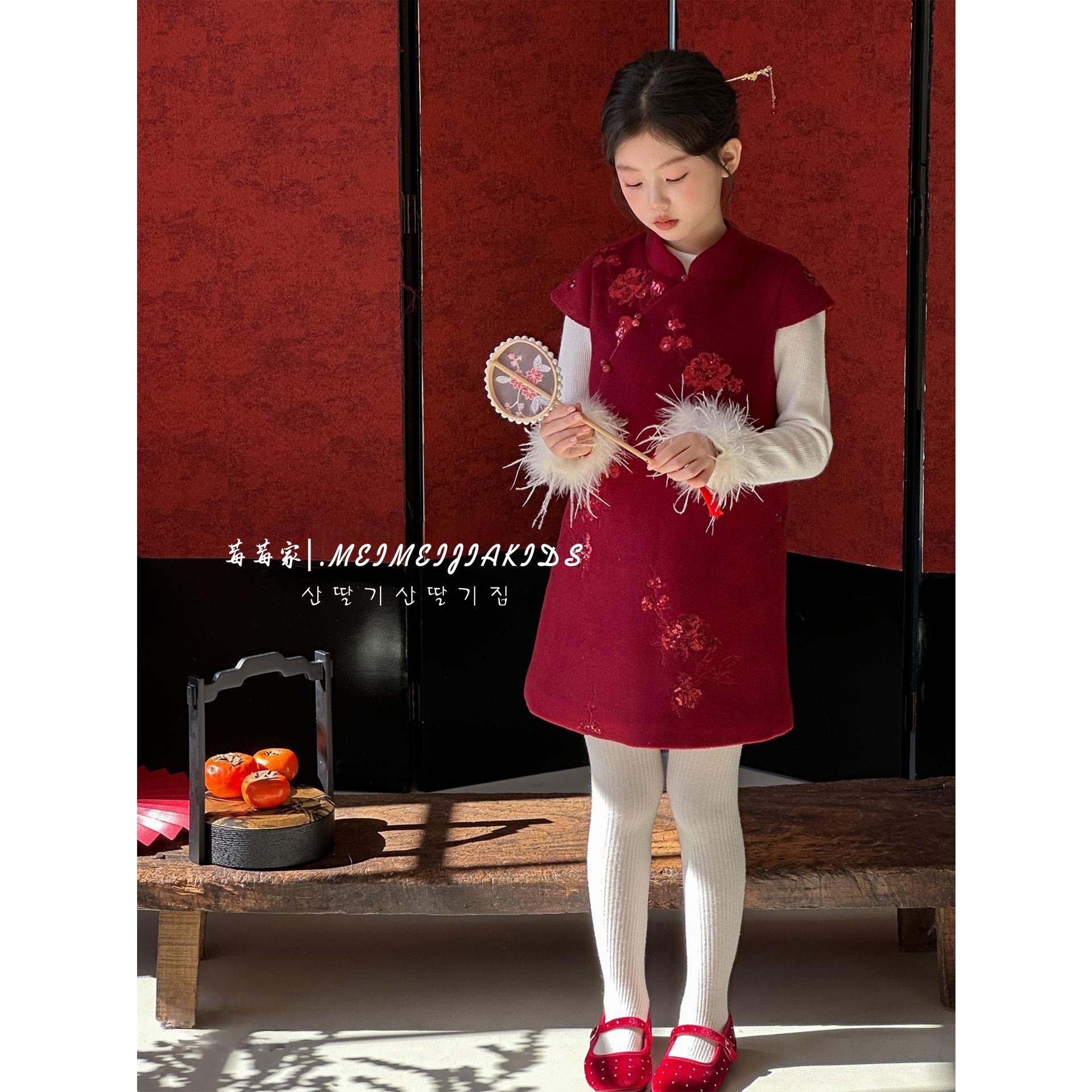 韩国童装2025秋冬新款女童连衣裙新中式旗袍裙子中大童拜年服套装