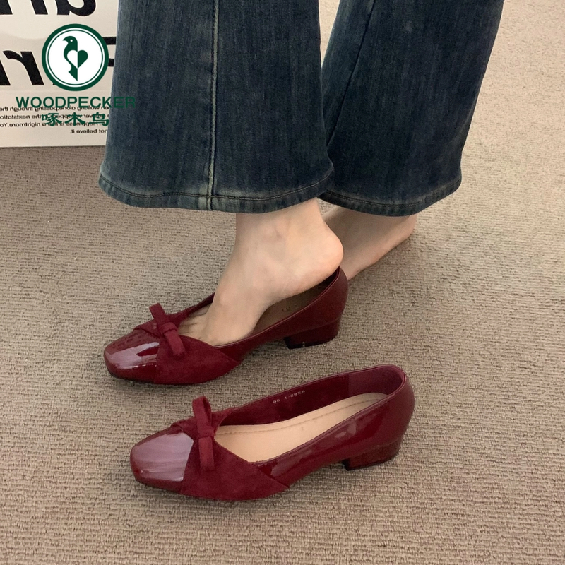 啄木鸟法式高级粗跟红色单鞋女2025春季中跟蝴蝶结通勤晚晚奶奶鞋