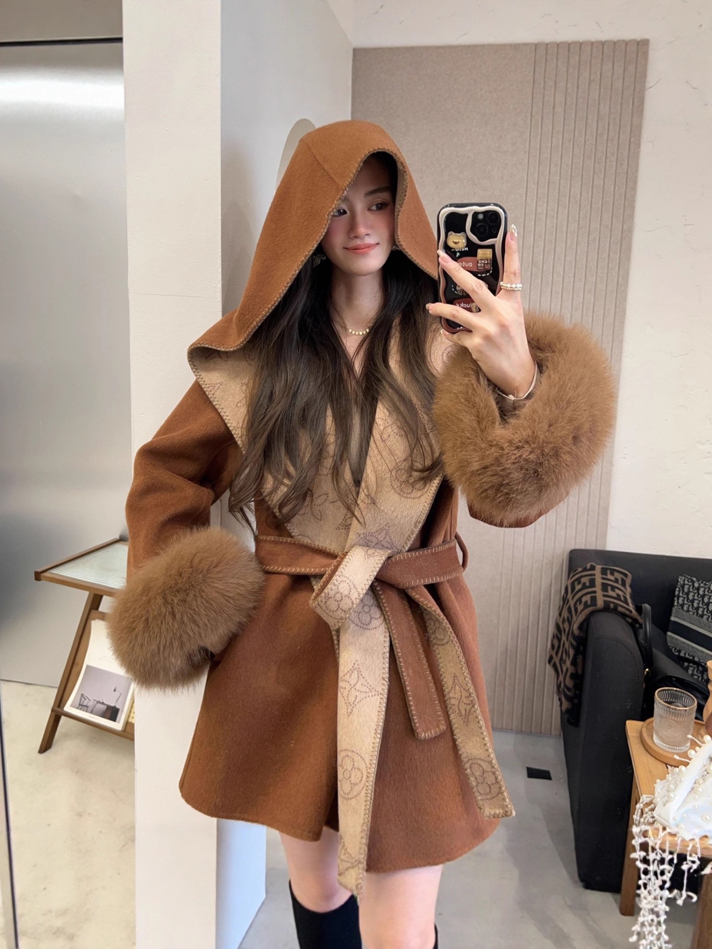 2025新款连帽印花羊毛双面呢子中长款外套大衣