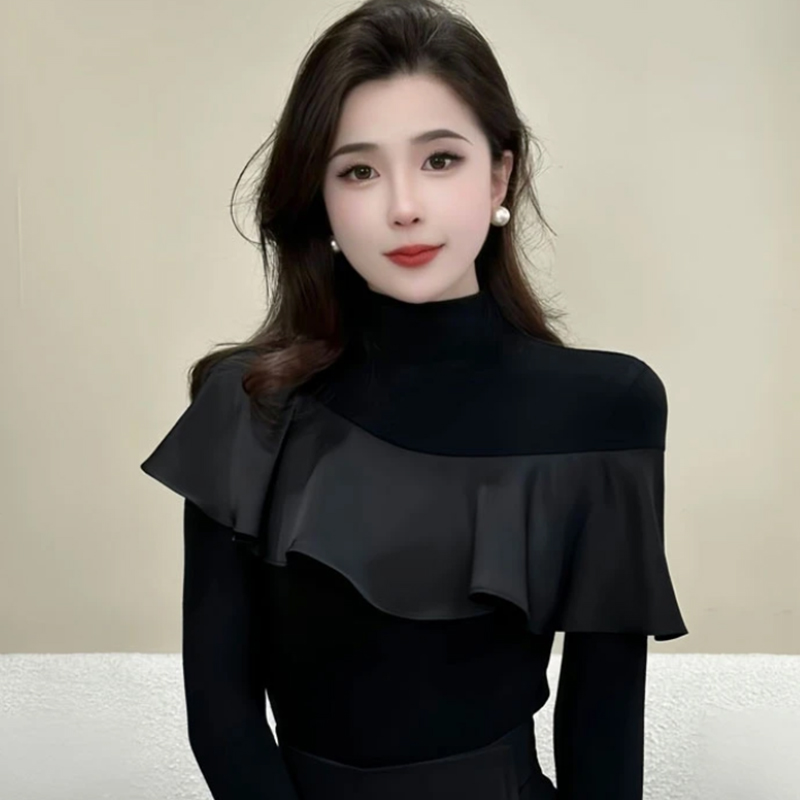 设计感荷叶边半高领长袖t恤女2025秋季新款修身显瘦别致独特上衣