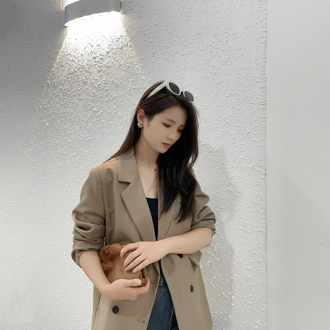 韩版西装风双排扣纯欲风小个子上衣气质款外套女大码百搭