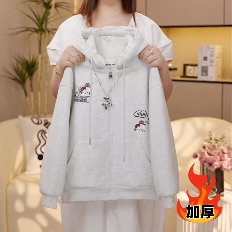 女童加绒加厚kt猫外套秋冬季2025新款中大儿童连帽衫保暖卫衣开衫