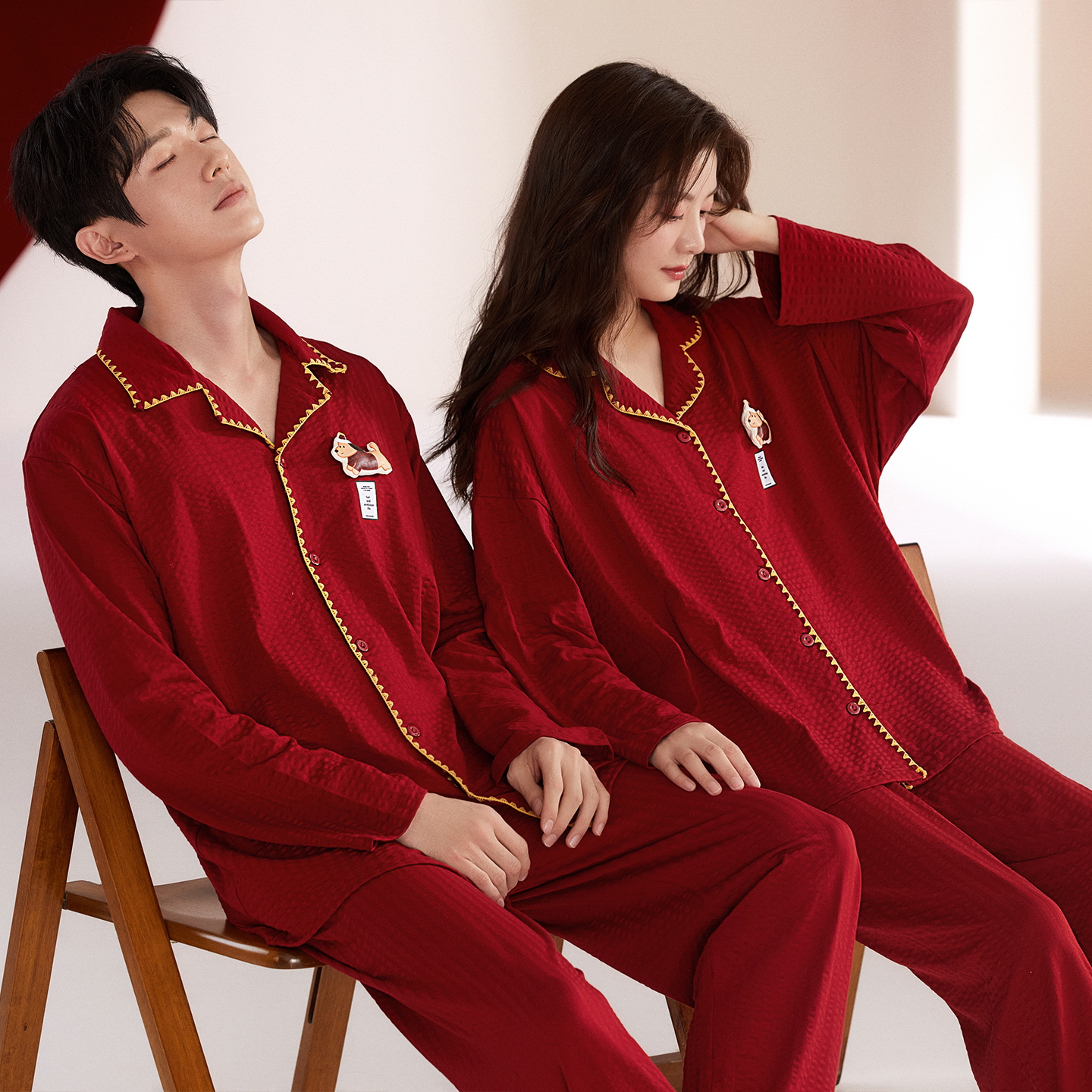 睡衣结婚新婚情侣套装春秋款莱卡棉长袖喜庆婚庆本命年酒红家居服