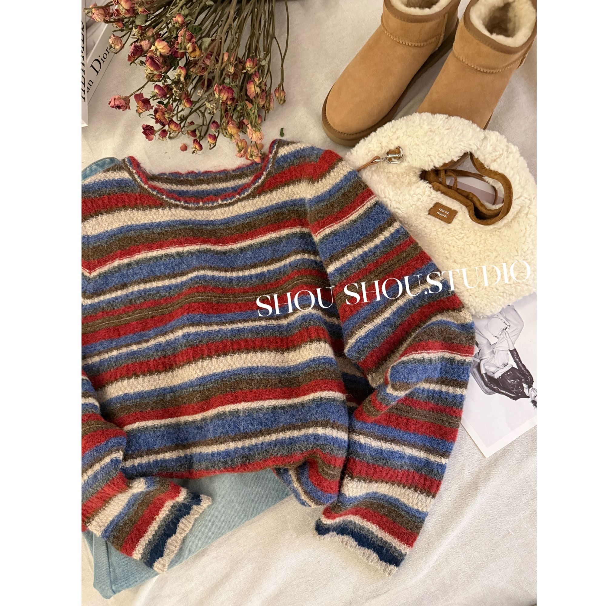 【瘦瘦】圣诞系列-大码圆领羊毛撞色条纹氛围感针织套头毛衣S02360