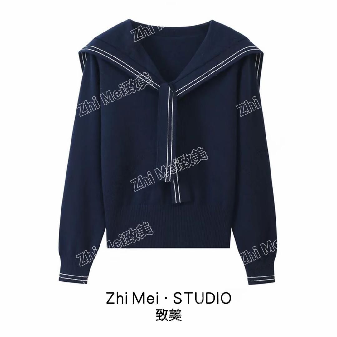 韩系学院风海军领2025秋冬针织衫毛衣百搭设计感时尚短款上衣女