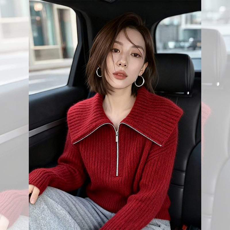 新款潮牌时尚洋气百搭衣服女装秋冬红色大翻领宽松针织衫加厚毛衣