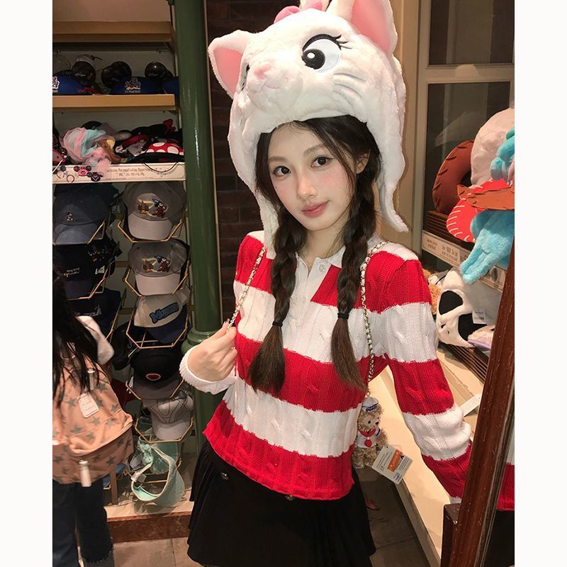 秋季洋气减龄polo领撞色条纹针织衫女2025年新款宽松休闲长袖上衣