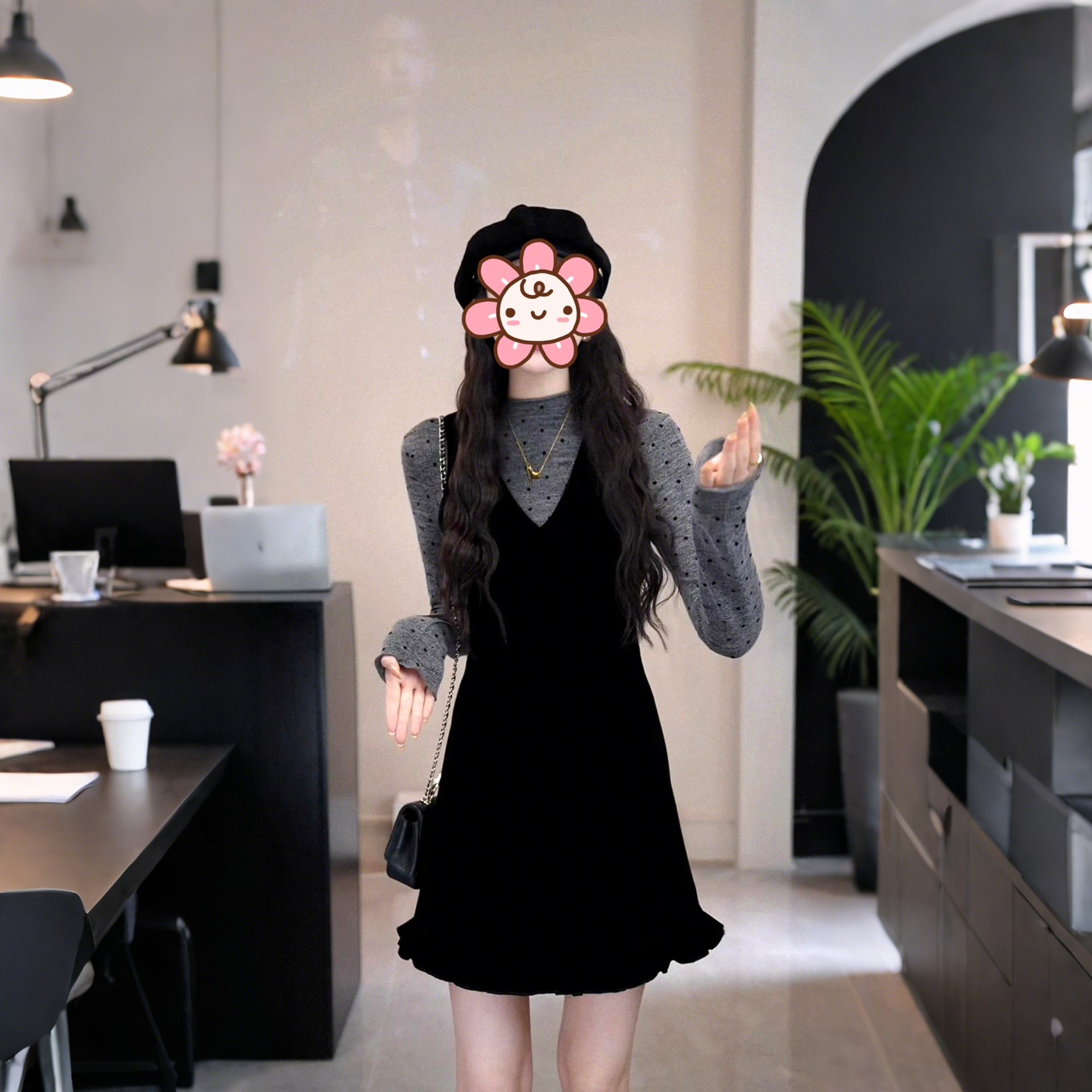 网红洋气炸街套装女2025秋季新款波点打底衫丝绒背心连衣裙两件套