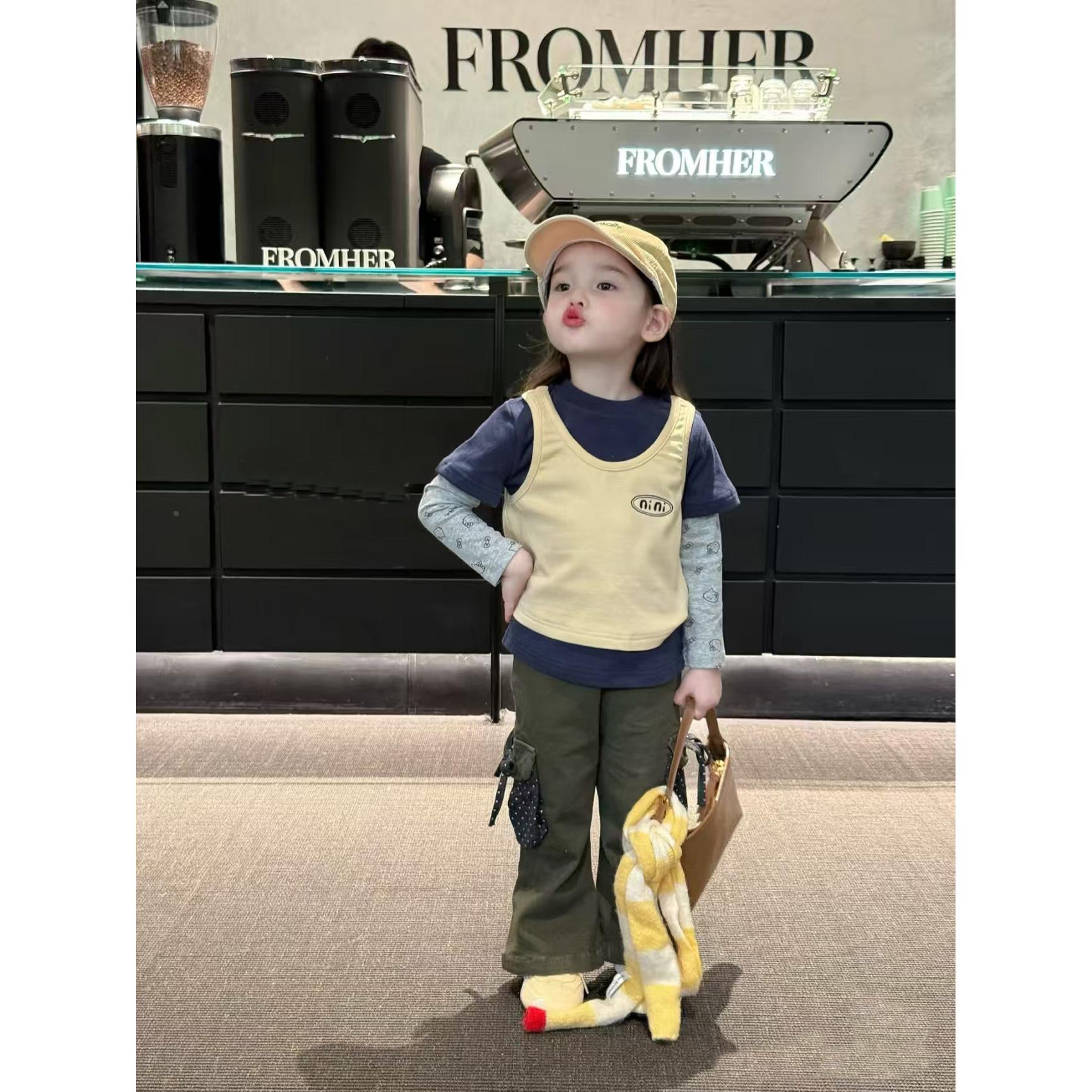 女童秋装套装2025新款儿童洋气时髦假两件长袖上衣宝宝炸街喇叭裤