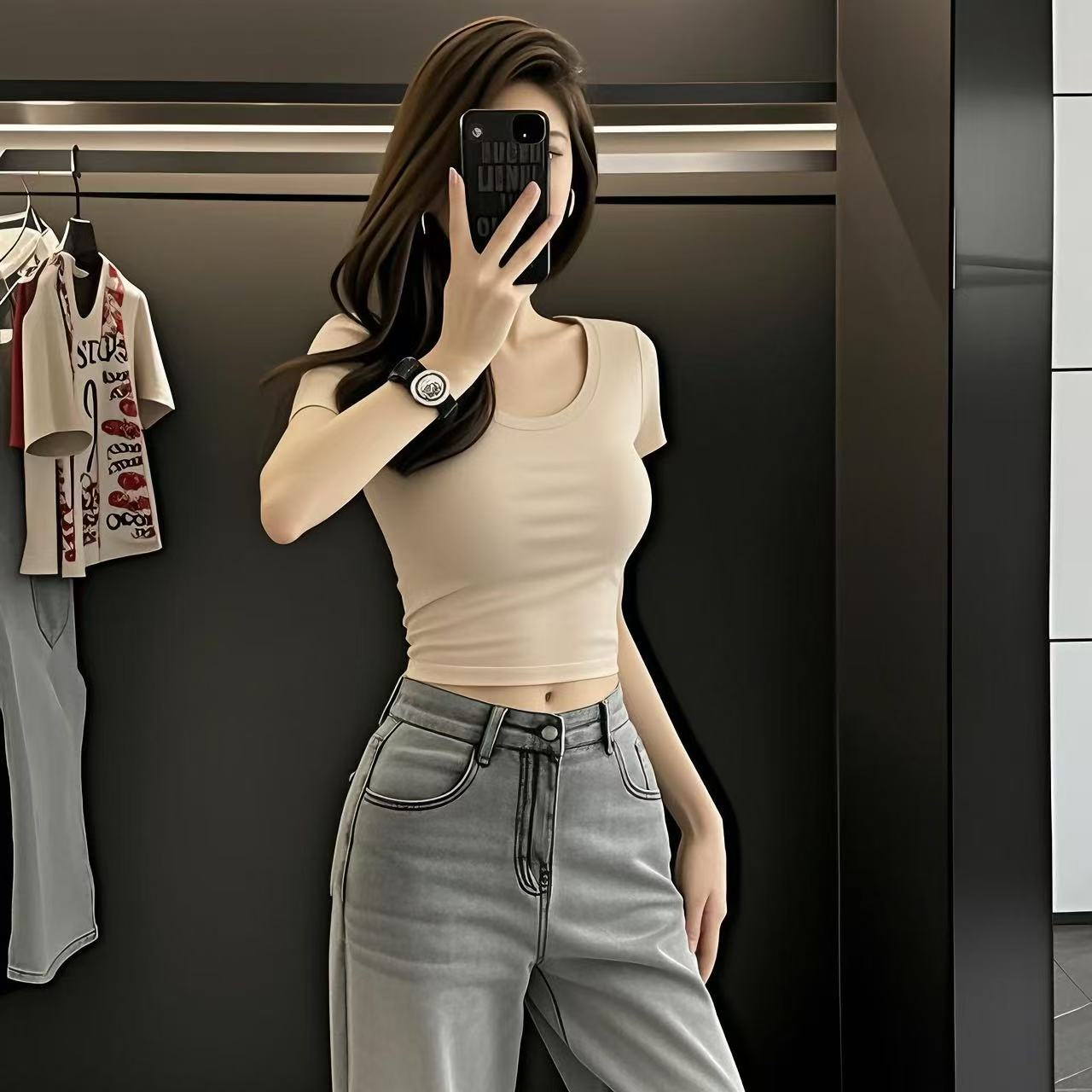 纯欲风性感方领正肩短袖t恤女夏季高级感修身显瘦辣妹短款上衣女