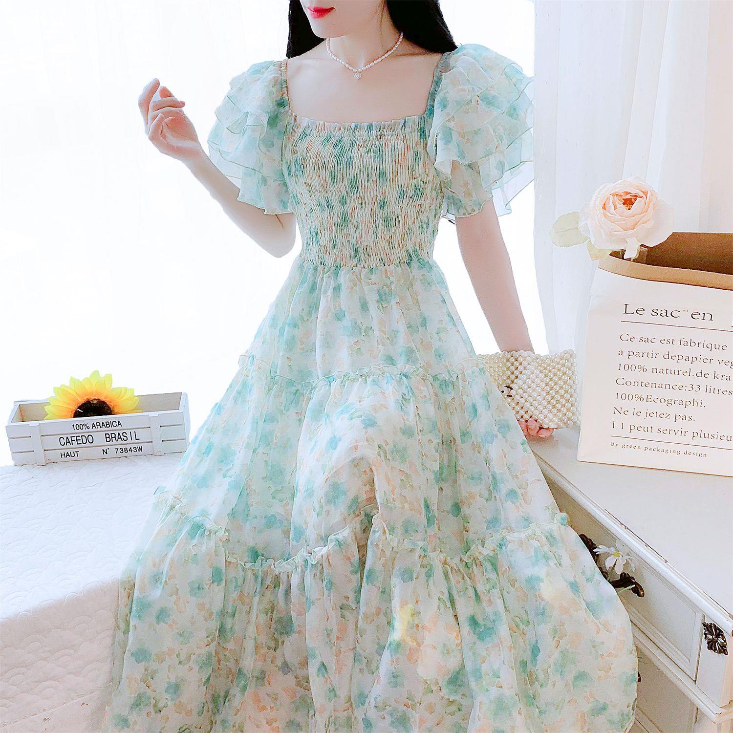 2025年新款法式显瘦气质名媛别致长裙绿色碎花连衣裙子女粉色夏季