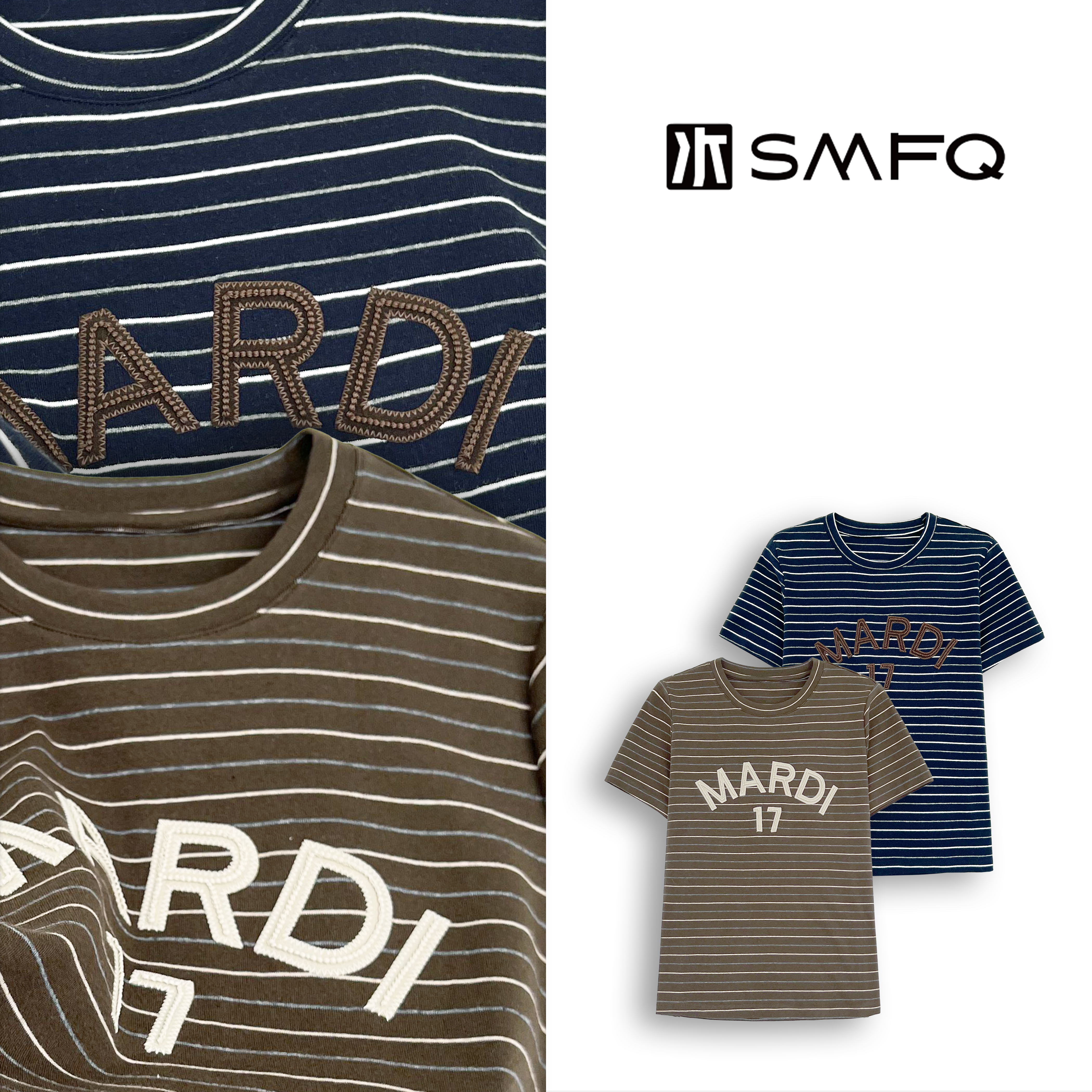 水木夫妻 字母图案刺绣显瘦条纹T恤上衣