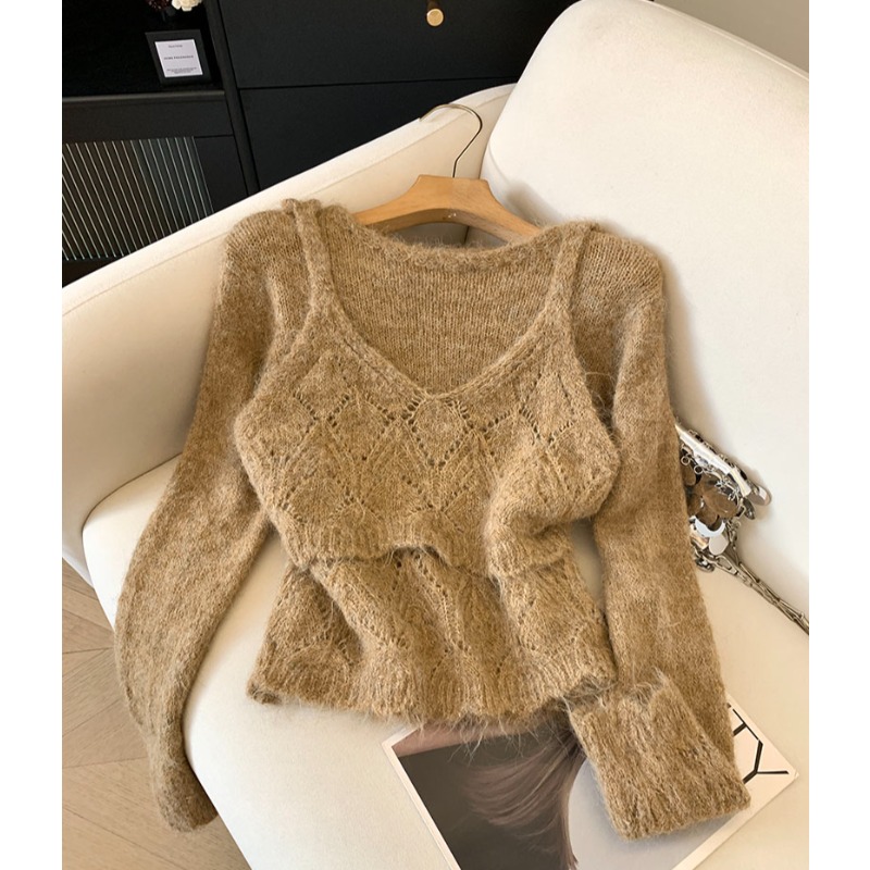 自留款推荐~法式钩花镂空吊带背心针织衫两件套女秋冬款百搭上衣