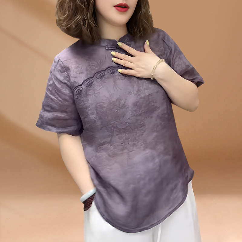 新中式提花短袖衬衫女装2025夏季复古文艺国风盘扣立领短上衣小衫