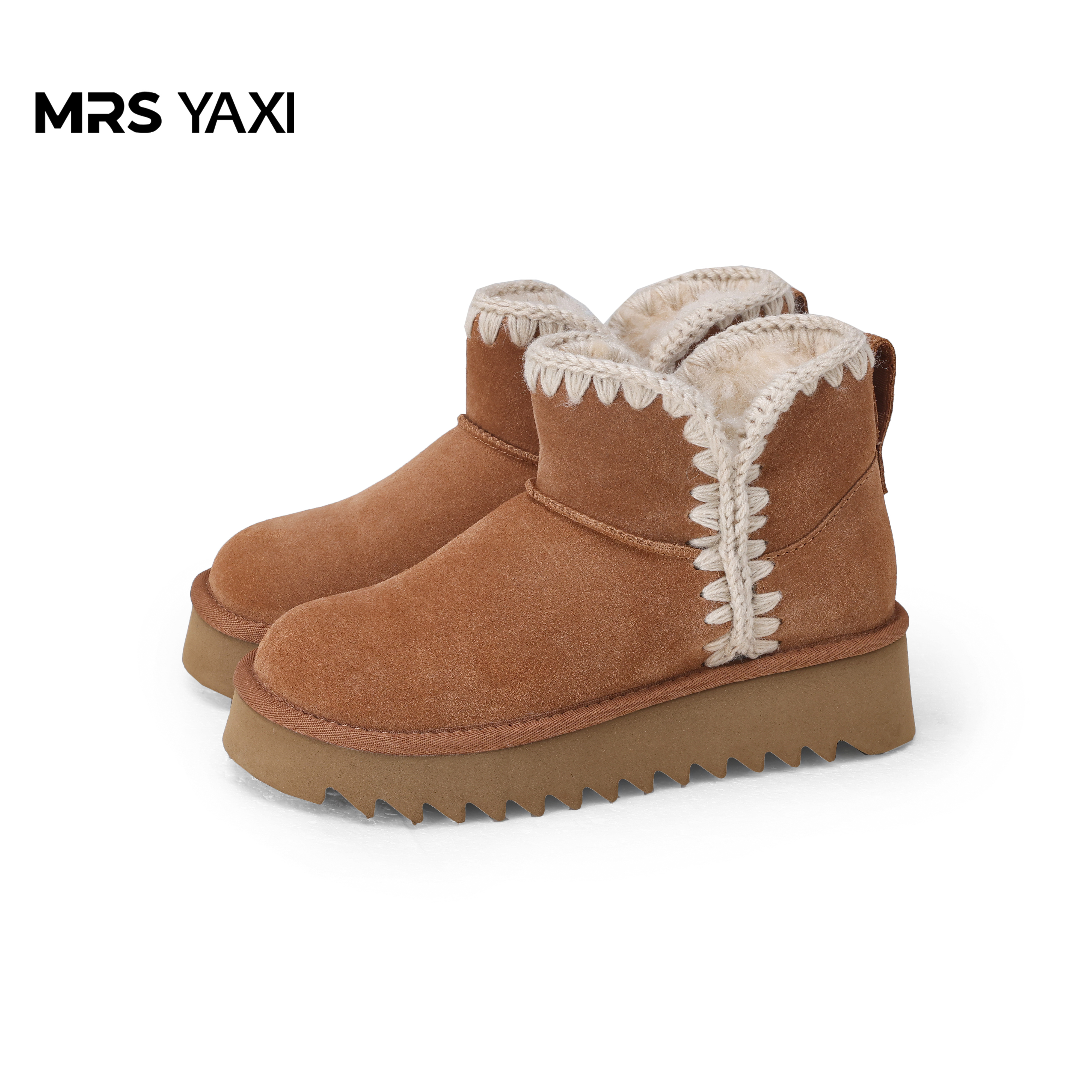 Mrsyaxi毛线边V口皮毛一体雪地靴YX5121101