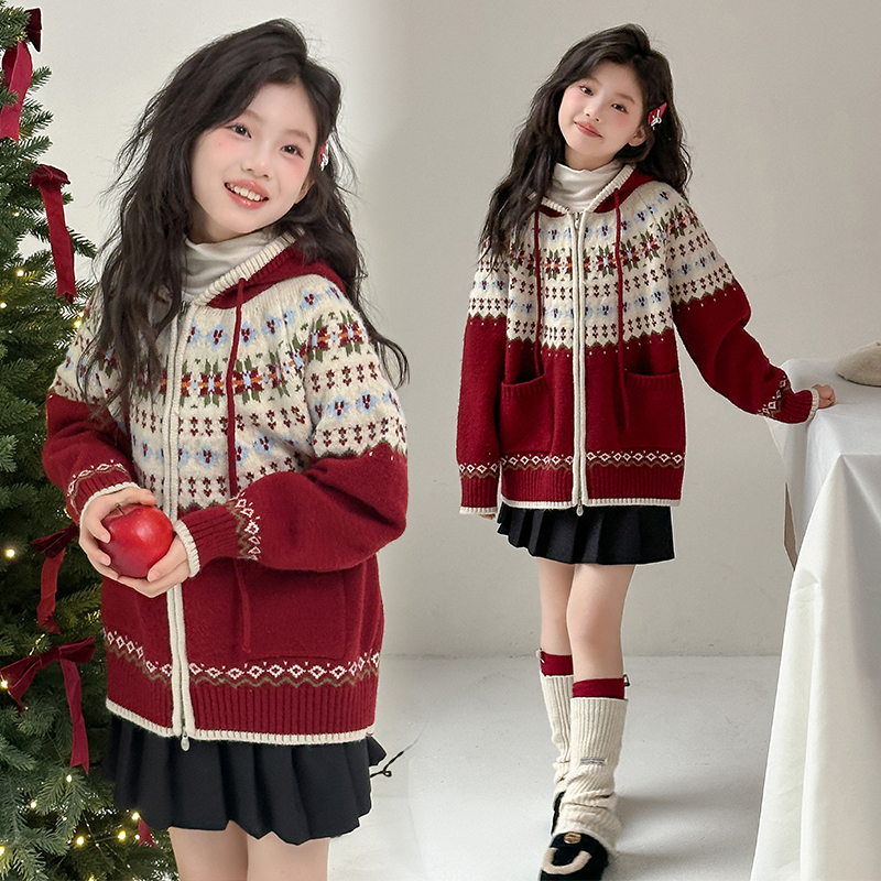 女童秋冬款红色连帽加厚开衫毛衣针织衫中大童新年儿童冬装上衣潮