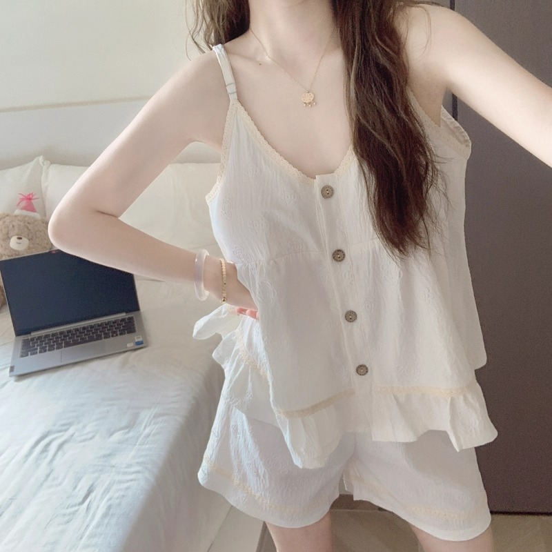 吊带短裤带胸垫睡衣女款夏季云朵棉甜美韩系ins风提花家居服套装