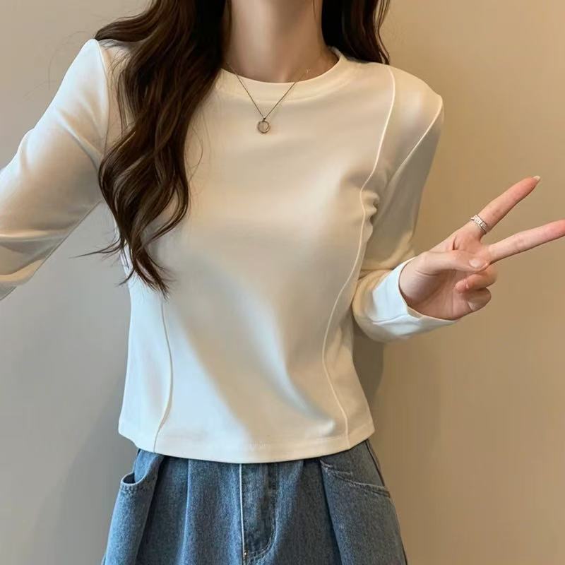 圆领短款白色打底衫女内搭2025 新款时尚秋冬正肩加绒长袖t恤上衣