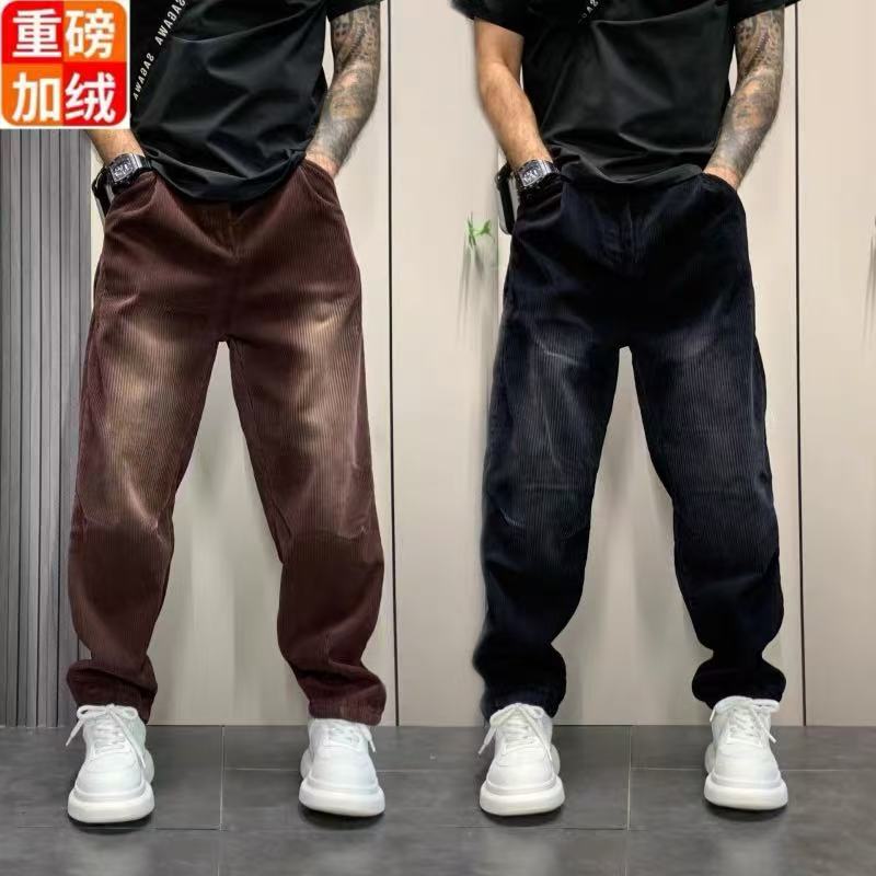 秋冬季潮牌阔腿裤男士美式复古宽松百搭直筒垂感加绒加厚休闲裤子