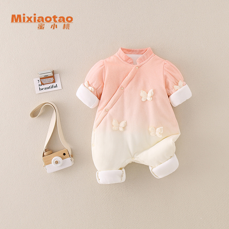 新款120克夹棉婴童连体衣蝴蝶结爬服新生儿爬服渐变婴童宝宝爬服