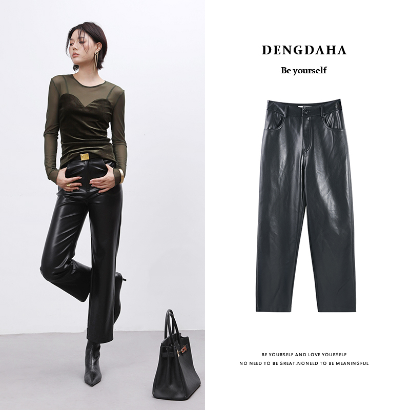 DENGDAHA「腿精秋冬」欧美风 高级感显腿长显瘦九分皮裤HBZXP710010