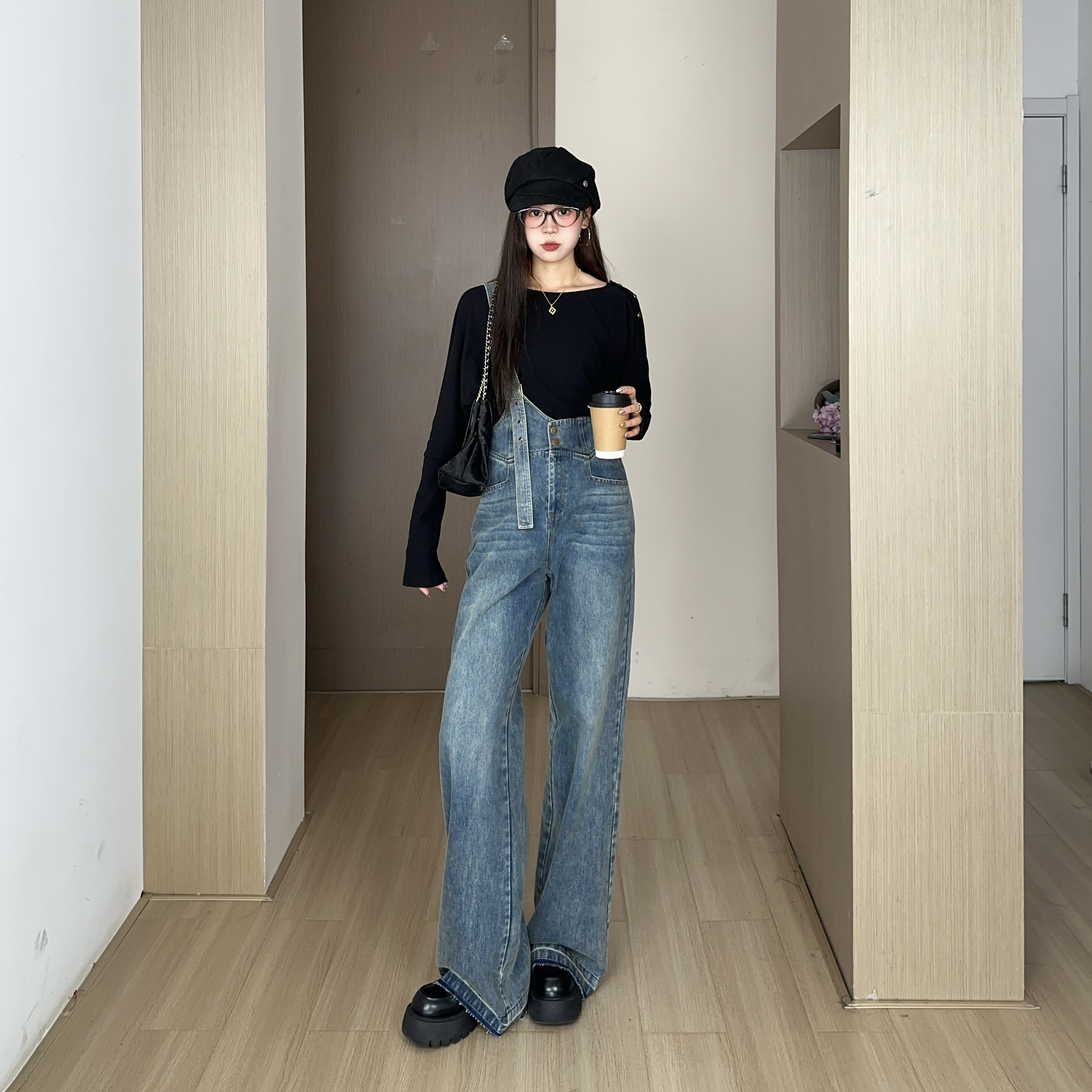 敏敏&南岛风大码女装长袖百搭上衣胖mm显瘦背带裙裤子套装ZZM231