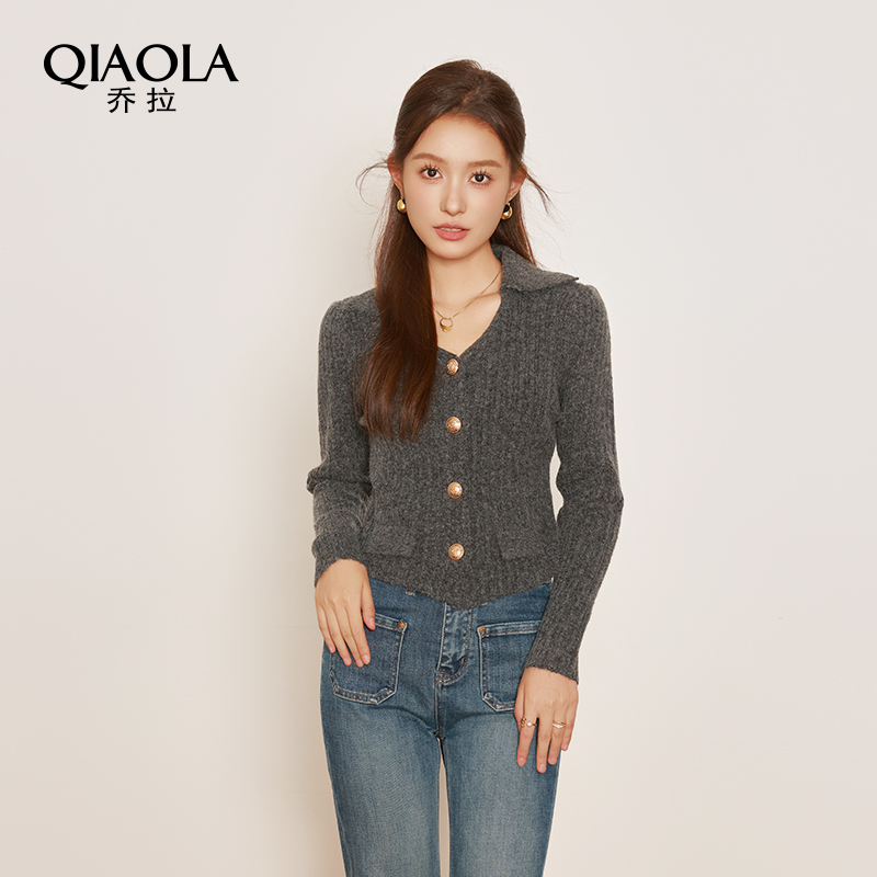 QIAOLA/乔拉【雾色画廊】秋季坑条毛织翻领单排扣百搭时尚套装