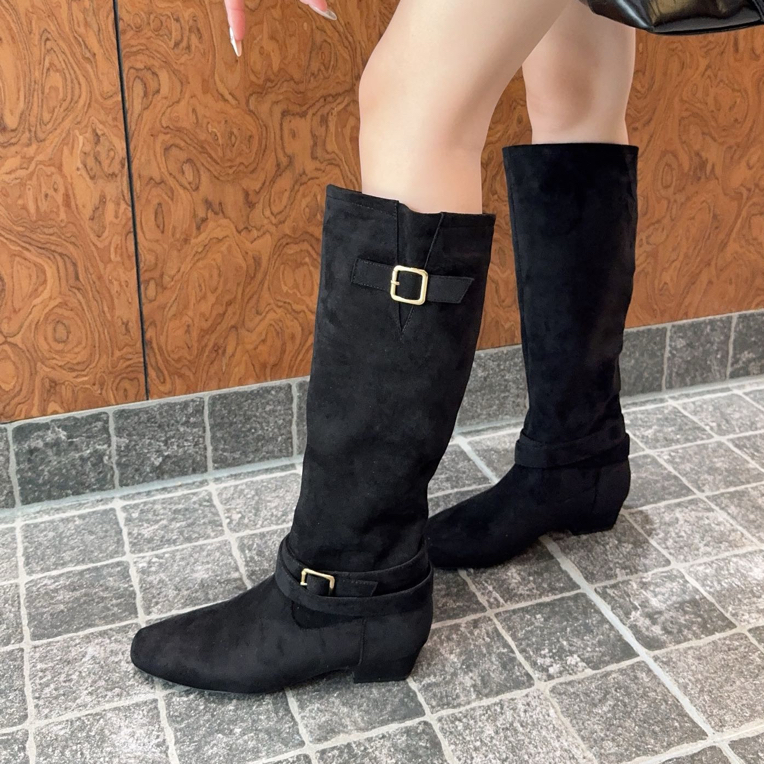 【长靴合集】粗跟不过膝长筒靴女秋冬新款尖头显瘦绒面瘦瘦靴
