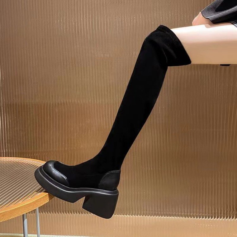 显瘦显高时尚百搭高跟瘦瘦靴长筒过膝弹力靴圆头粗跟厚底骑士靴女