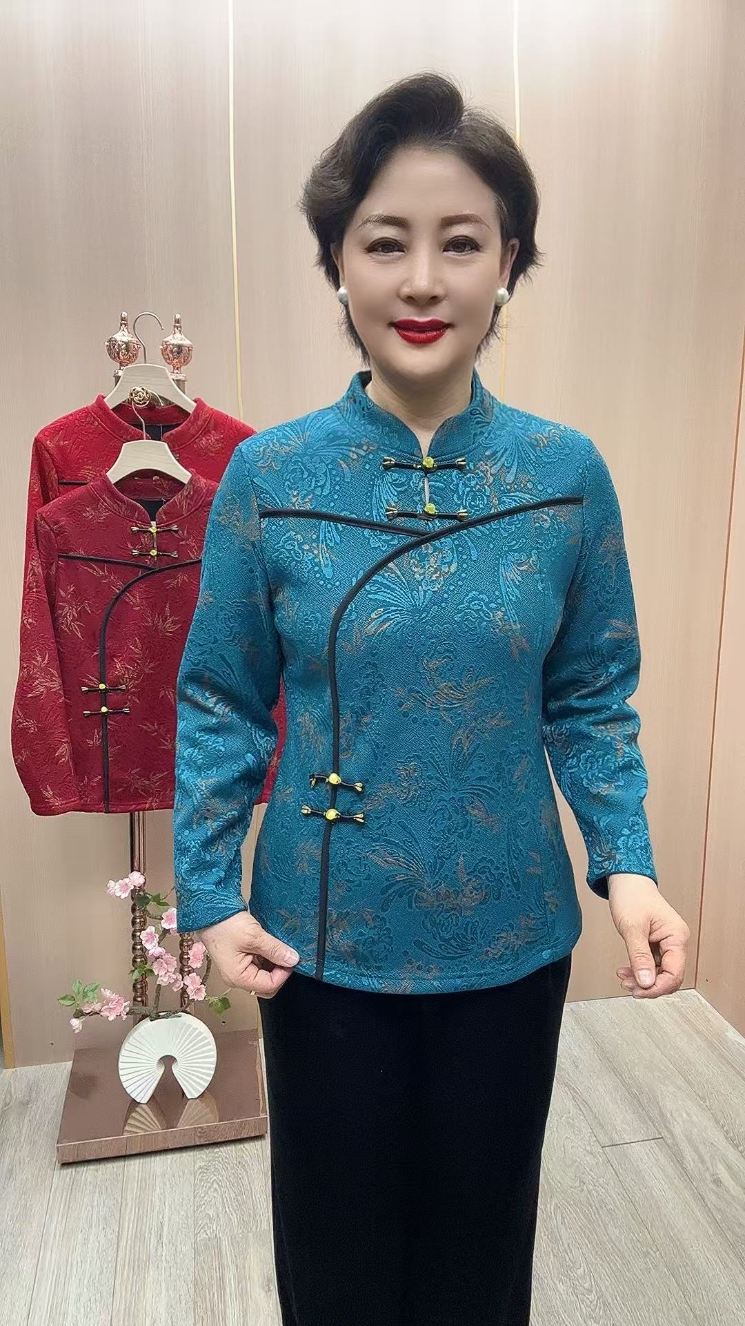 L#6831加绒衫衣长65 中老年女装妈妈装 复古国风立领盘扣加绒衫