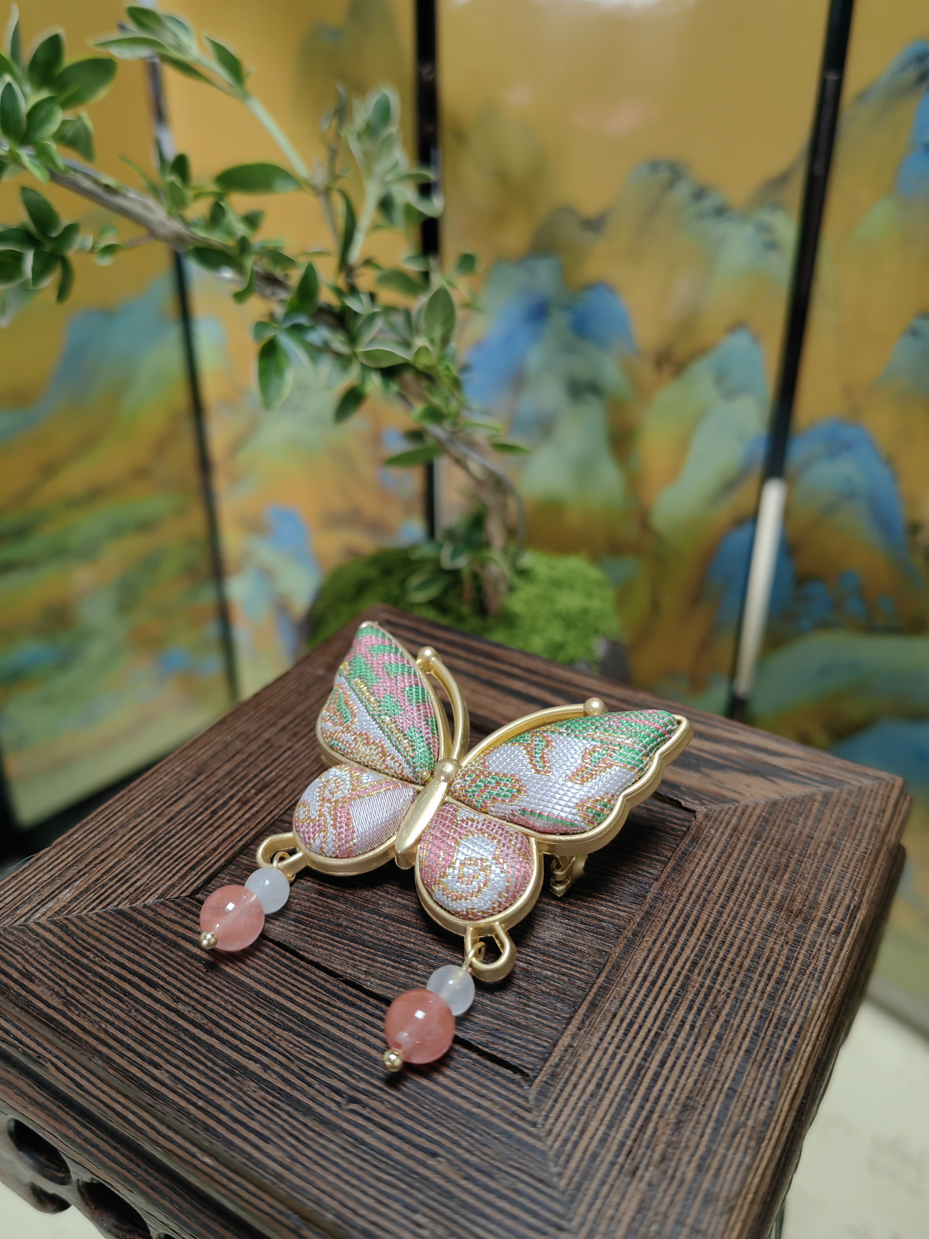 铜布艺胸针 宋锦粉蝴蝶胸针复古中国风手工胸针