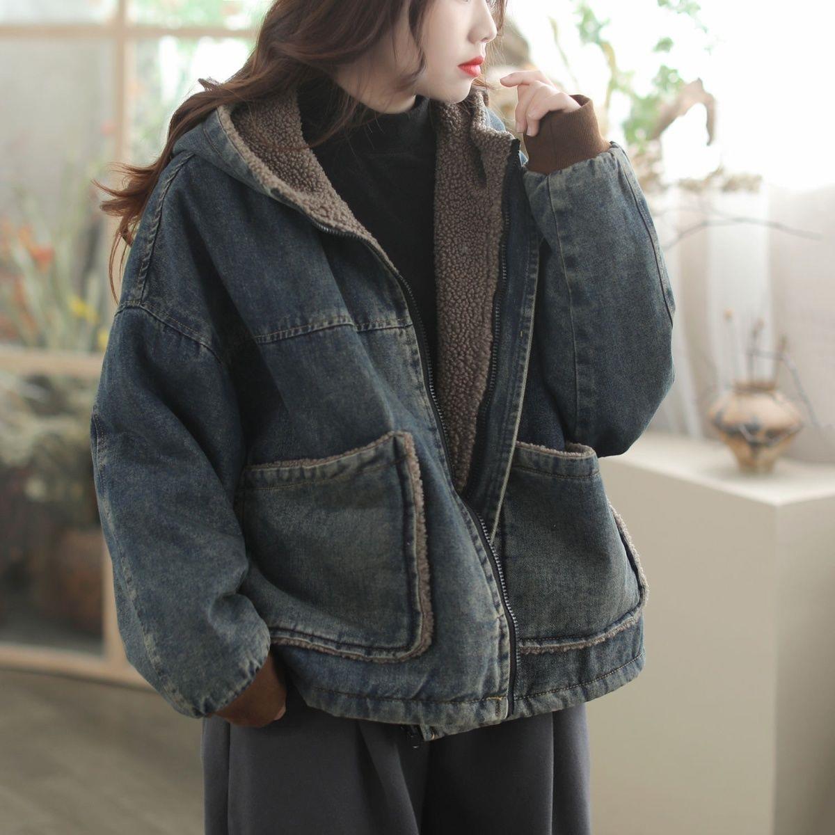 【奥莱撤柜】牛仔棉服2025冬季复古加绒做旧连帽外套女百搭加厚颗