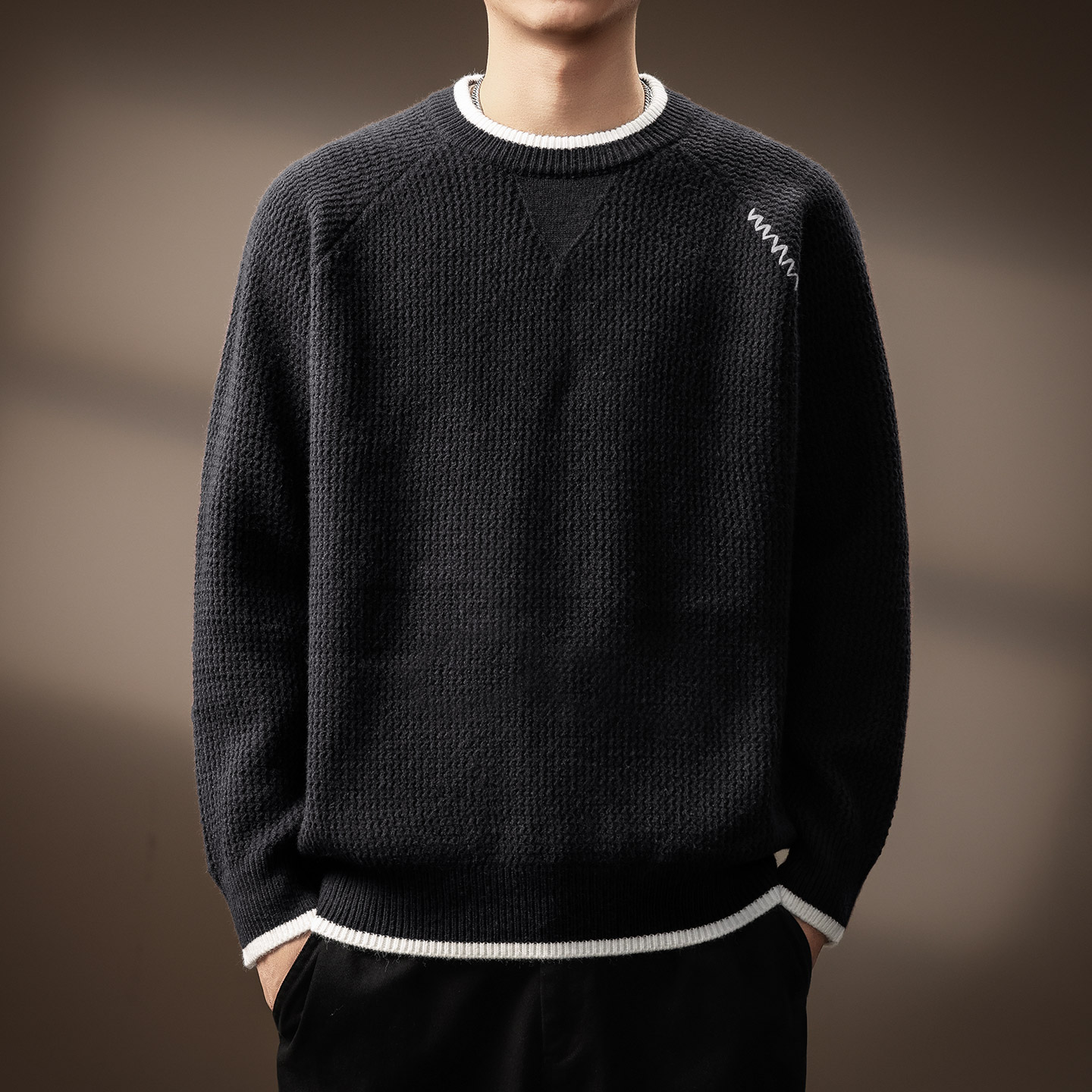 高端时尚假两件圆领针织毛衣男冬季新款休闲保暖美式宽松长袖上衣