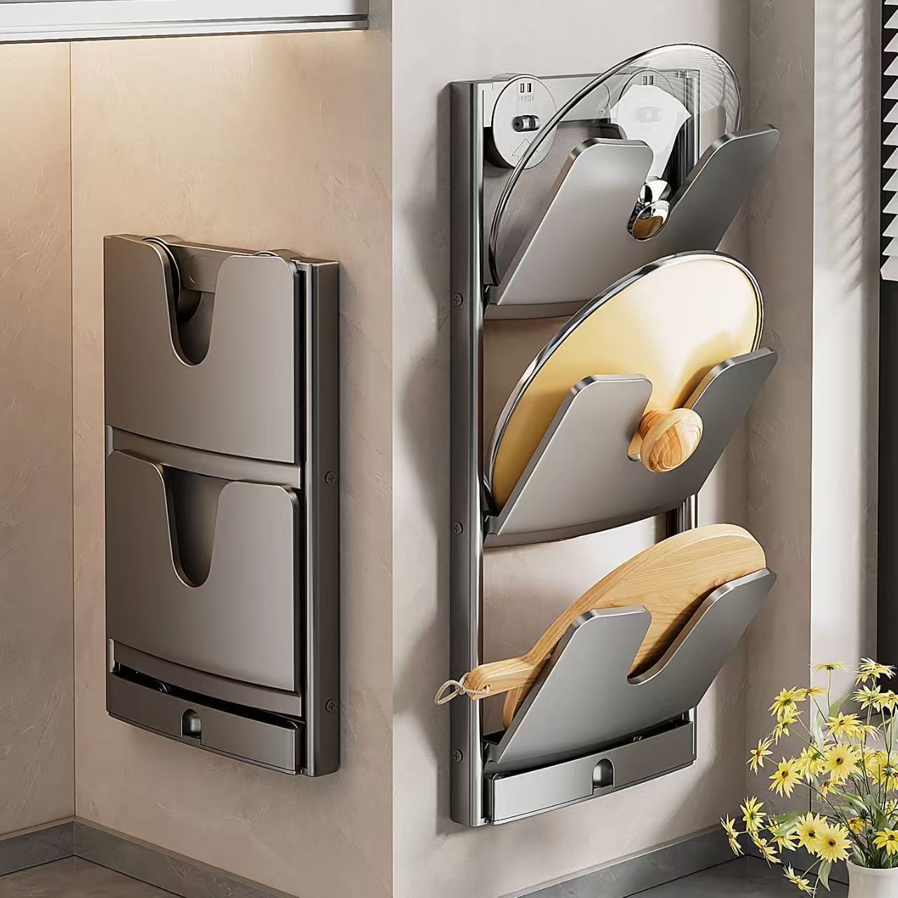 信芷折叠锅盖架太空铝免打孔厨房置物架3层壁挂磁吸挂锅盖厨房