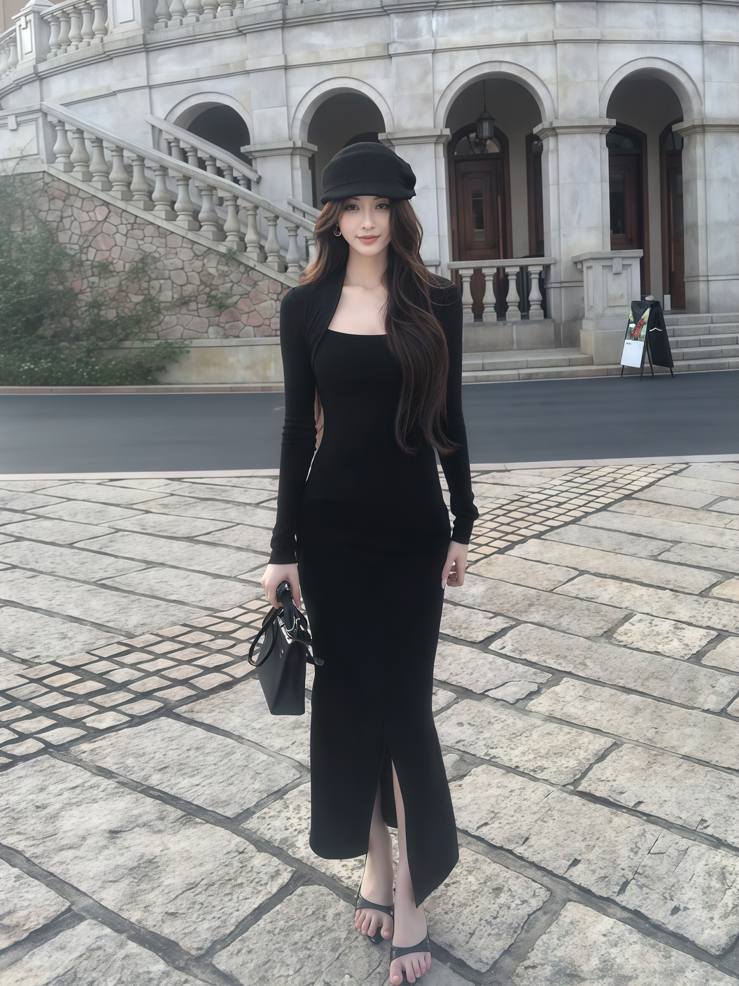 法式气质长袖方领连衣裙女秋冬新款褶皱高级感收腰显瘦开衩包臀裙