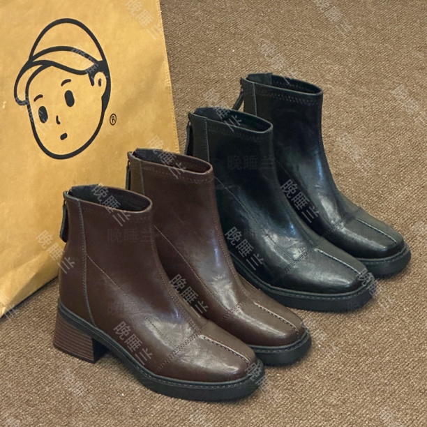 晚睡兰·内增高10.5cm粗跟法式小短靴女秋冬靴高跟瘦瘦切尔西靴女