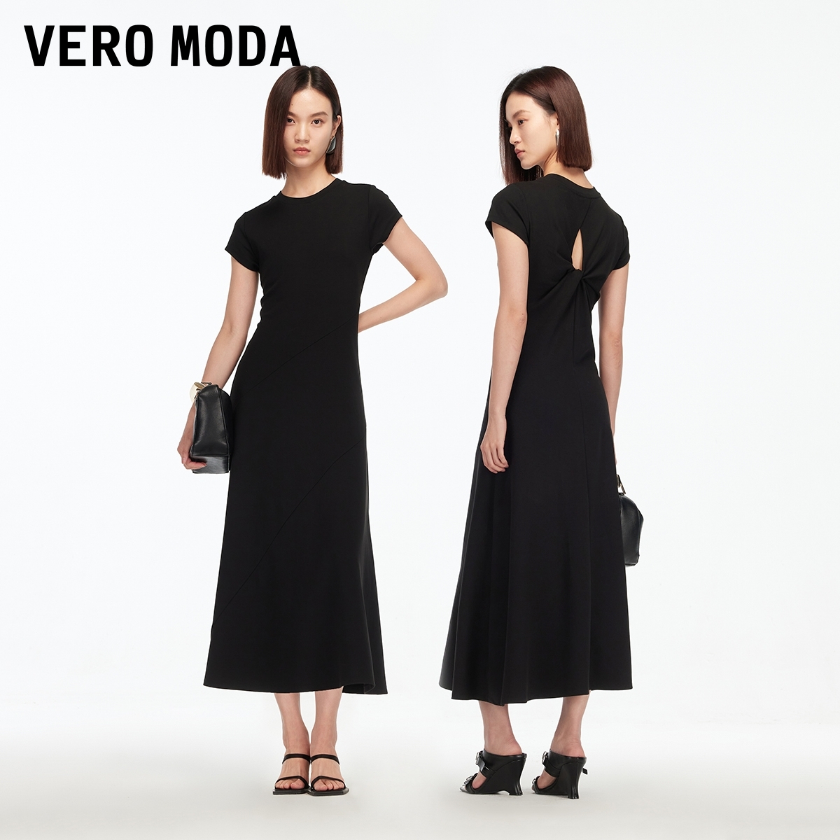 Vero Moda连衣裙2025新款含莫代尔圆领褶皱修身长裙老钱风松弛感