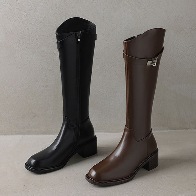 真皮时尚中跟粗跟侧拉链长图骑士靴子百搭银扣小个子斜口高筒靴女