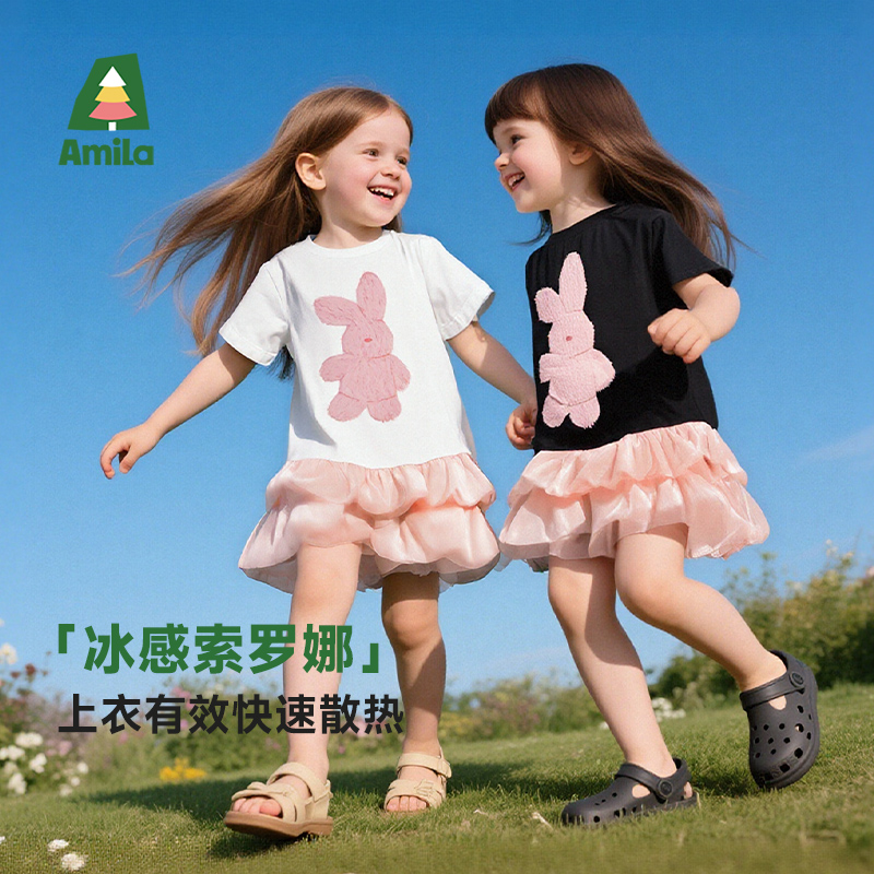 Amila啊咪啦儿童2025年夏季女童短袖拼接蓬蓬公主连衣裙XX5LY163