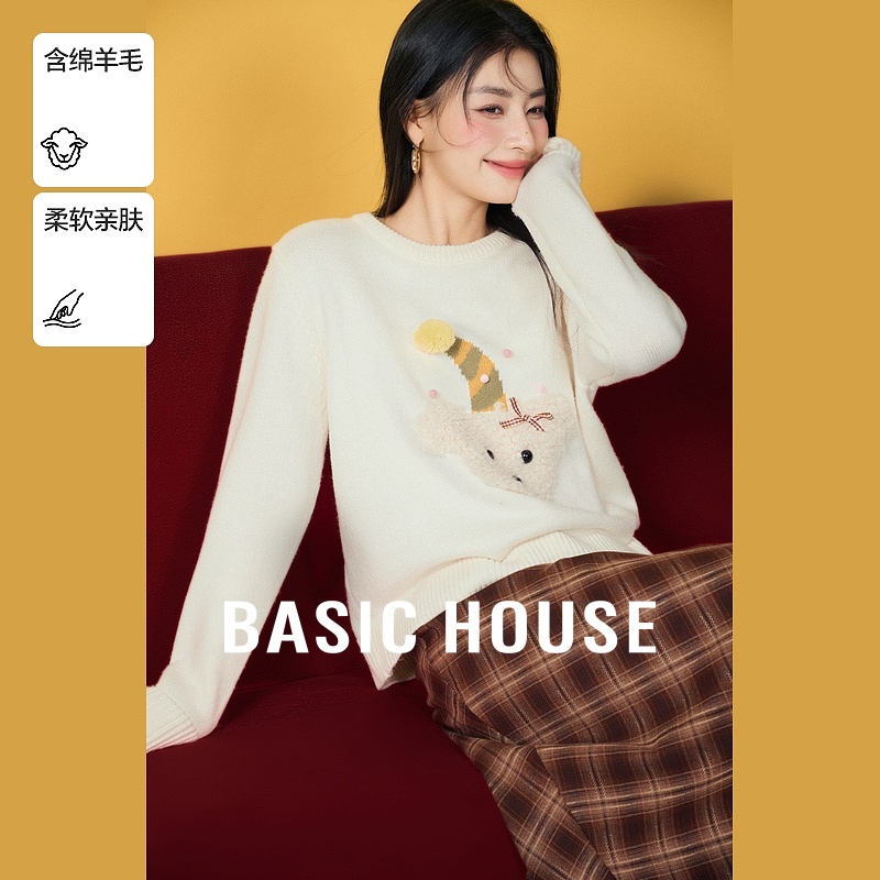 Basic House/百家好冬季休闲宽松圆领毛衣针织衫女装-B06245S9522