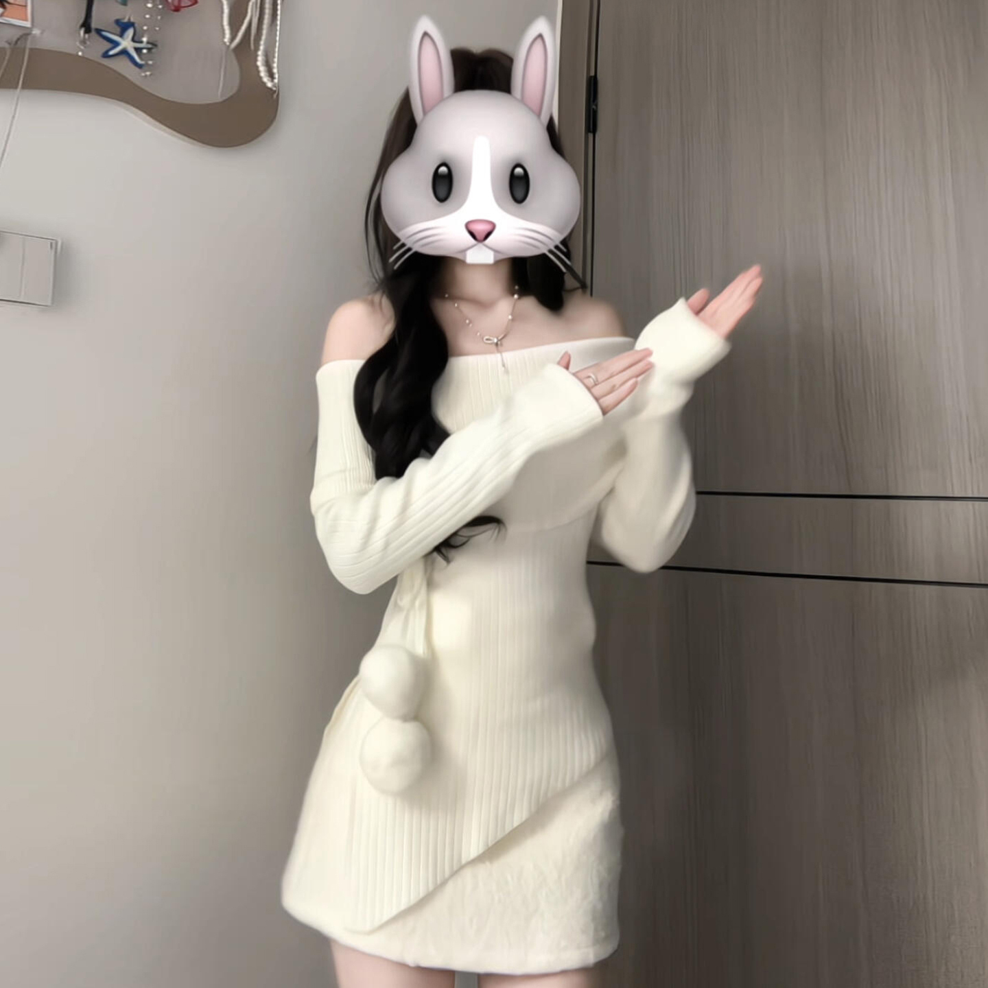 韩系纯欲氛围感白色针织连衣裙子女2025超火秋冬季穿搭一整套短裙