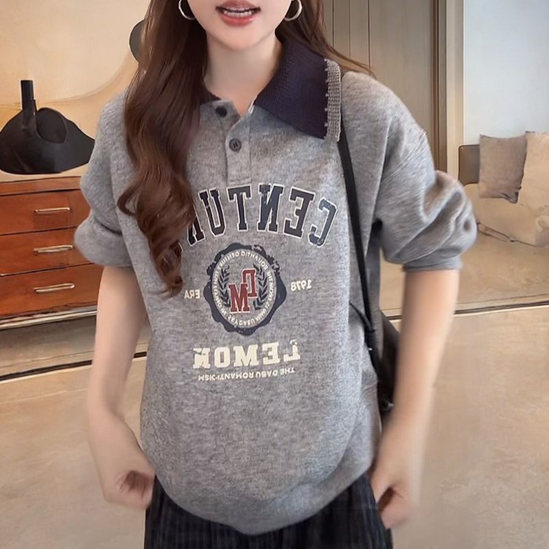 洋气高级感秋季美式复古宽松慵懒风设计感撞色翻领字母卫衣穿搭潮