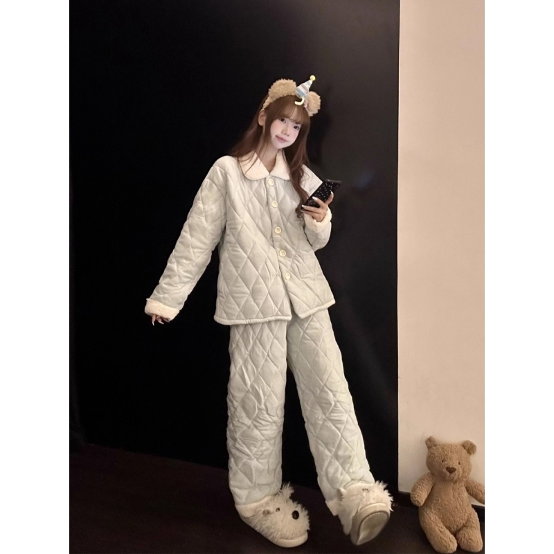 韩系ins简约纯色夹棉睡衣女款2025冬季加绒加厚可外穿家居服套装