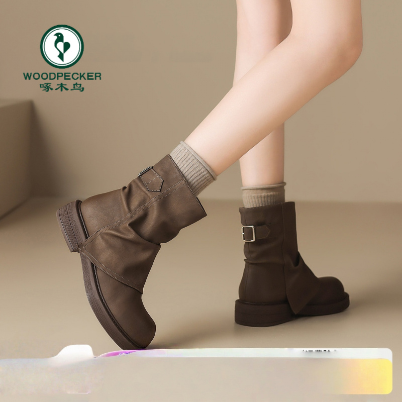 啄木鸟西部骑士靴堆堆短靴2025新款秋棕色美拉德裤管靴厚底马丁靴