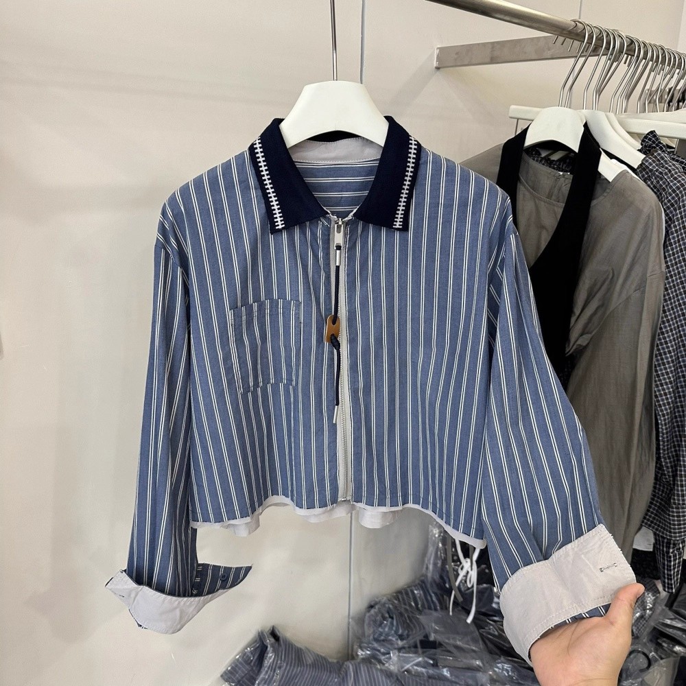 【大促】韩版辣妹风复古撞色竖条纹拉链衬衫秋季设计感时髦宽松显瘦