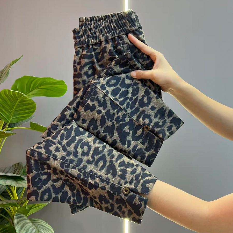 欧货豹纹牛仔裤女2025秋新款显瘦束脚裤时尚女裤小脚休闲哈伦裤