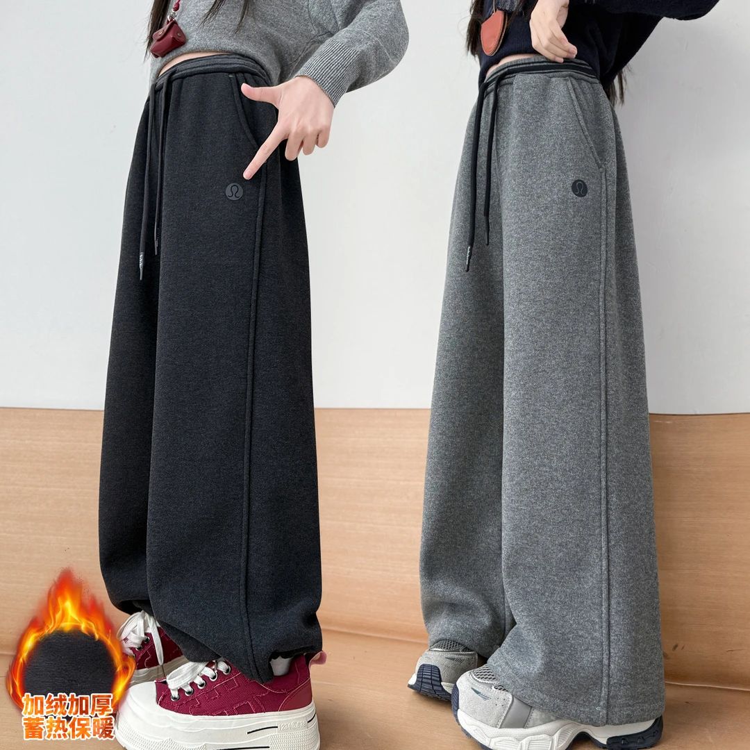 女童加绒裤子冬季中大童休闲阔腿裤女孩儿童秋冬保暖束脚直筒卫裤